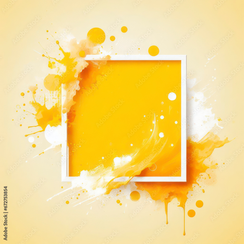 Aufkleber yellow background with white frame and splashes of paint. ai generative