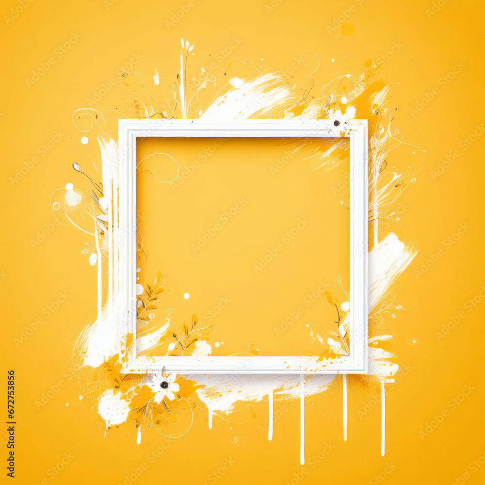 Poster yellow background with white frame and splashes of paint. ai generative