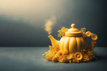 Yellow autumn creative teapot concept for making hot tea with fresh meadow flowers. ai generative