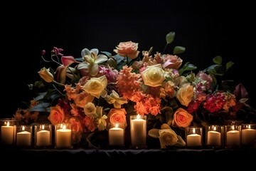 Beautiful flowers and candles on black background.Funeral Concept