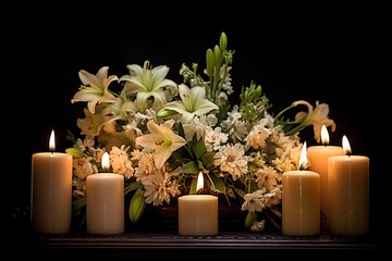 Beautiful flowers and candles on black background.Funeral Concept - obrazy, fototapety, plakaty