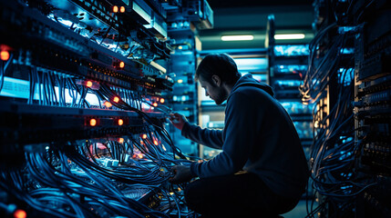 Navigating the Labyrinth of Technology  The Diligent Network Engineer's Routine in the Heart of the Server Room - obrazy, fototapety, plakaty