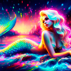 Obraz na płótnie Canvas beautiful blonde mermaid in a lake full color painting style,