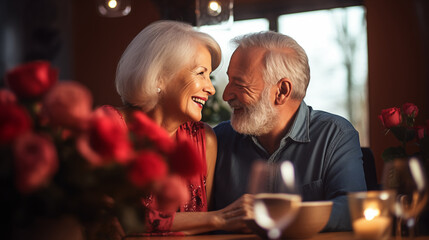 Happy senior couple in restaurant. They are looking at each other and smiling. Elderly man and woman having romantic dinner together - obrazy, fototapety, plakaty