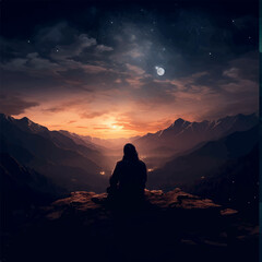 Illustration of nightfall and man meditating in the moonlight