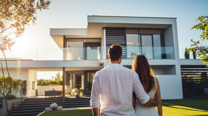 Happy young couple standing in front of new home. Husband and wife buying new house - Powered by Adobe