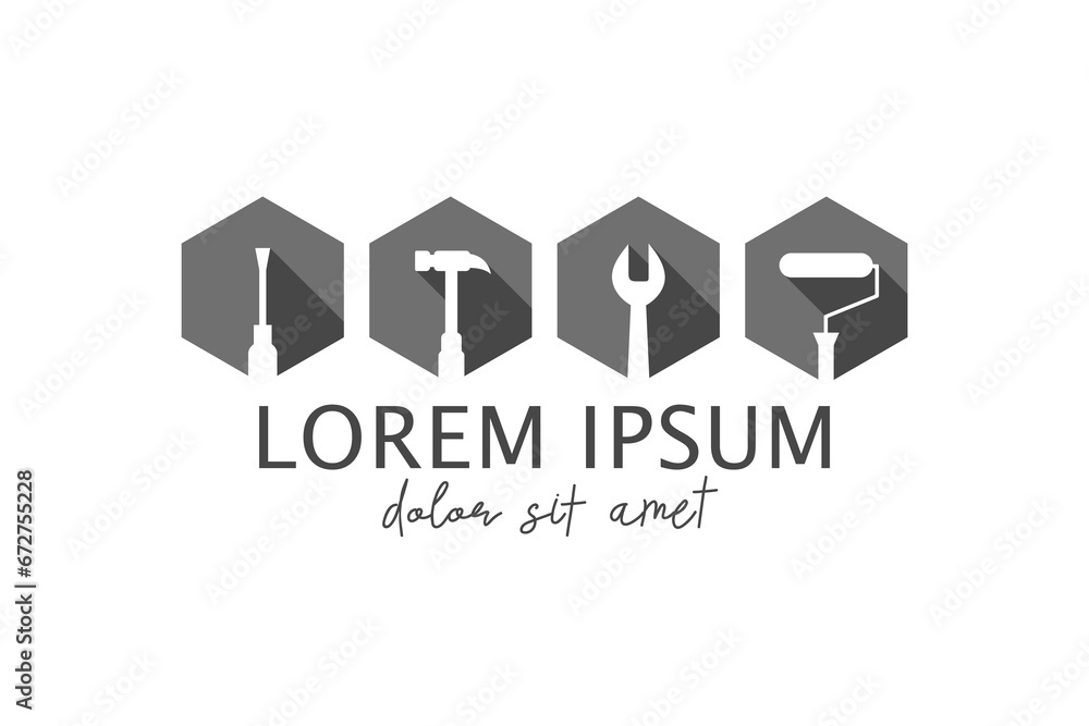 Poster work tools as icon set and logo concept. tool icons in flat design and gray color including a screwd