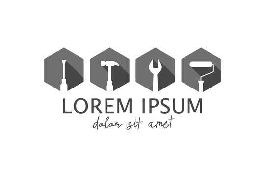 Work tools as icon set and logo concept. Tool icons in flat design and gray color including a screwdriver, hammer, wrench, paint roller. Vector illustration isolated in white background.