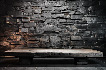 Simple Rustic Stone Bench in front of a Rough-Hewn Wall of Gray Sandstone with Local Red Lighting, Background, Texture, Pattern - obrazy, fototapety, plakaty