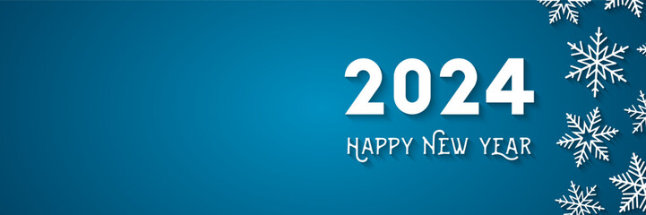 2024 and Happy New Year as wide banner or backdrop concept, white snowflakes on the right side,  copy space on the left side, gradient blue color in the background