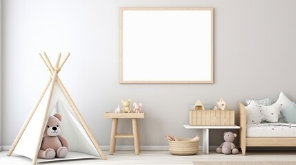 Fototapeta na wymiar Mock up frame in children room with natural wooden furniture, Farmhouse style interior generative ai