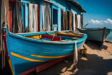 Fototapeta na wymiar A small, colorful fishing boat with peeling paint, anchored in a tranquil fishing village