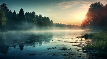 Misty Lakeside at Dawn