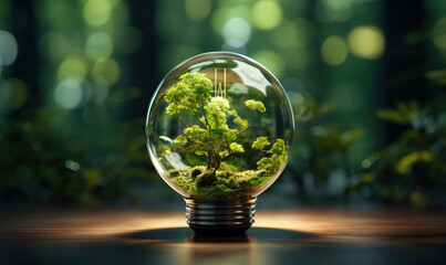 Green energy concept, light bulb with growing tree inside. - obrazy, fototapety, plakaty