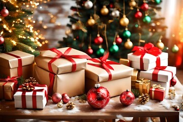 Fototapeta na wymiar christmas tree and gift boxes Beautiful luxury Christmas gifts on table in room with Christmas tree, closeup