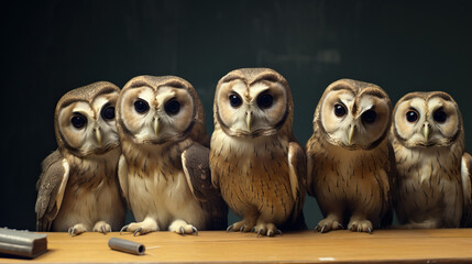 A group of five owls on a branch created with Generative AI technology