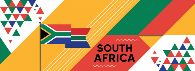 South Africa national or independence day banner design for country celebration. Flag of South Africa with modern retro design and abstract geometric icons. Vector illustration. - obrazy, fototapety, plakaty