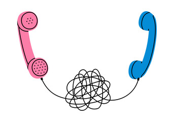 Hand drawn cute illustration of two retro phone handsets connected by tangled wire. Flat vector old telephone receiver sticker in doodle style. Difficult conversation icon. Misunderstanding. Isolated. - obrazy, fototapety, plakaty