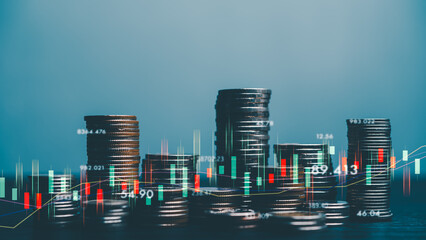  financial investment concept double exposure of a stack of coins and forex trading market candlestick chart in the background