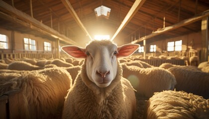 Breathtaking ecological view of majestic rams and adorable lambs at the domestic farm - obrazy, fototapety, plakaty