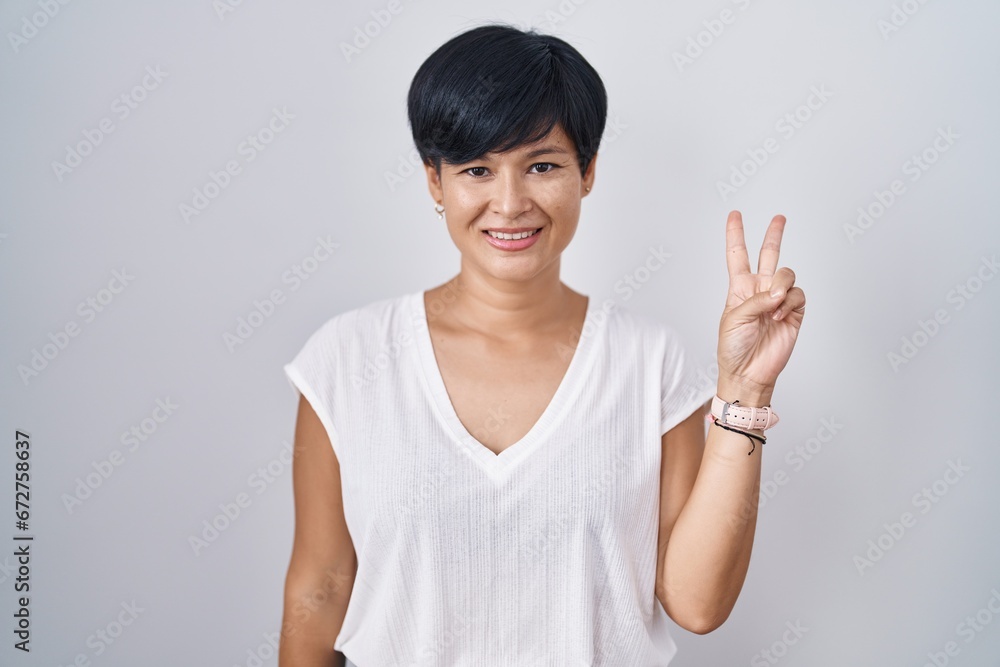 Poster young asian woman with short hair standing over isolated background smiling with happy face winking 