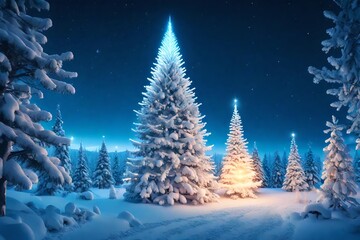 Fantastic winter landscape with christmas tree. 3D rendering. Christmas background with christmas tree, snow and stars. Beautiful christmas night.