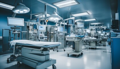 Advanced equipment and cutting edge medical devices in a modern operating room setting - obrazy, fototapety, plakaty