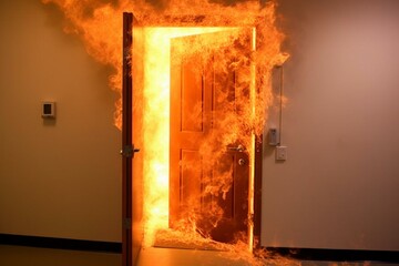 Fireproof door in case of fire. Generative AI