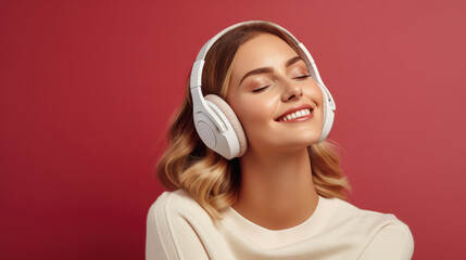 happy woman listening music on color background, generative ai