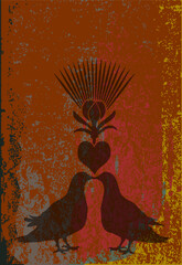 Vektor Hintergrund mit Muster und Vintage Texturen - zwei Tauben mit Herz und Blume - Warme Farben - obrazy, fototapety, plakaty