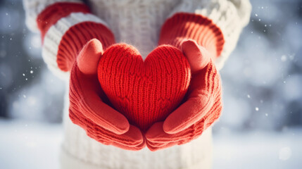 Fototapeta premium Close-up of female hands in mittens holding a beautiful knitted heart on a snowy winter background. Concept of love, relaxation, cozy.