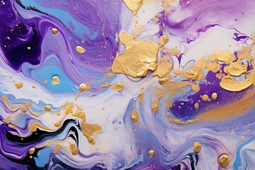 Opulent acrylic pour art with swirling vibrant hues of purple and blue, accentuated by dazzling golden powder. Generative AI