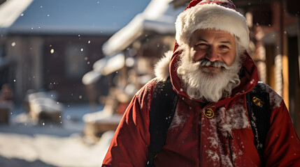 Candid shot, a jolly Santa Claus in a snowy village, warm sunlight streaming through, traditional red suit