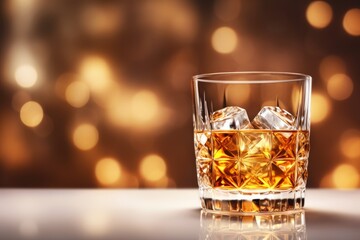 Christmas glass of amber whiskey with ice on a white desk against golden blurred background with lights