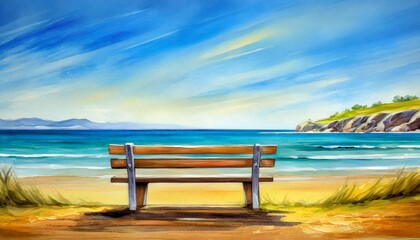Naklejka na ściany i meble Watercolor painting of a bench by the sea