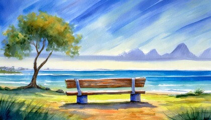 Watercolor painting of a bench by the sea