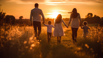 Happy family in the park. Young mother, father and children having fun, enjoying the sunset light on a summer evening, spending time together. Concept of love, family, relaxation.