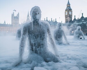 London is frozen in winter snow and ice due to the energy crisis.