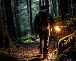 Fototapeta premium tourist with a backpack and hiking stick walks through a dark forest.