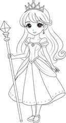 Coloring page chibi princess with a magical staff
