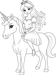 Coloring page chibi princess riding a magical unicorn