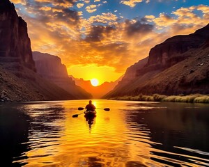 Kayaking in the canyon valley at sunset.