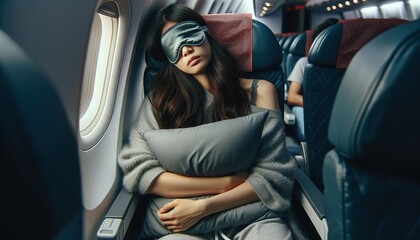 Restless young Asian woman trying to sleep in economy class showcases the common discomfort and sleep issues during long international flights - obrazy, fototapety, plakaty