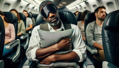 Middle-aged African American man, an airplane passenger, attempts to find comfort with a sleep mask but struggles with sleep issues during a long flight - obrazy, fototapety, plakaty