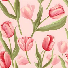 Obraz premium Seamless pattern of pink tulips on sweet pink background, ai generative