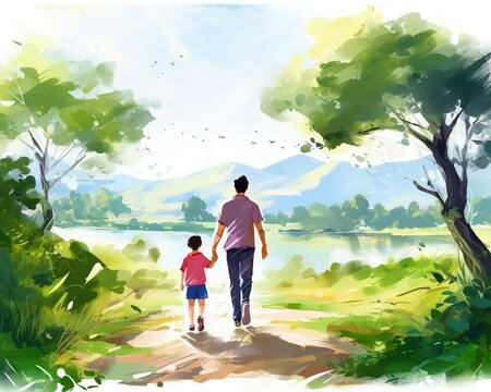 Dad and walk along the path in nature with his father.