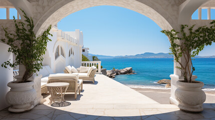 Fototapeta premium White architecture on Greece. Beautiful landscape with sea view. Generative AI.
