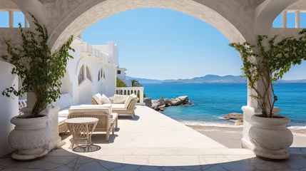 Foto op Canvas White architecture on Greece. Beautiful landscape with sea view. Generative AI. © k_e_n