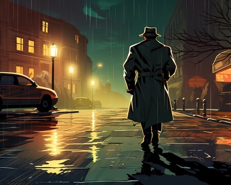 detective investigator in a hat and coat is on the street at night.