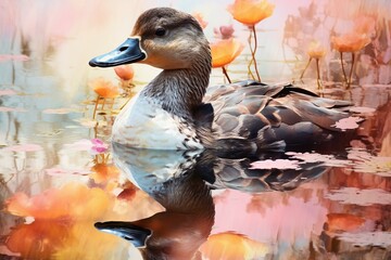 Blend of musk duck and pastel in a captivating double exposure. Generative AI